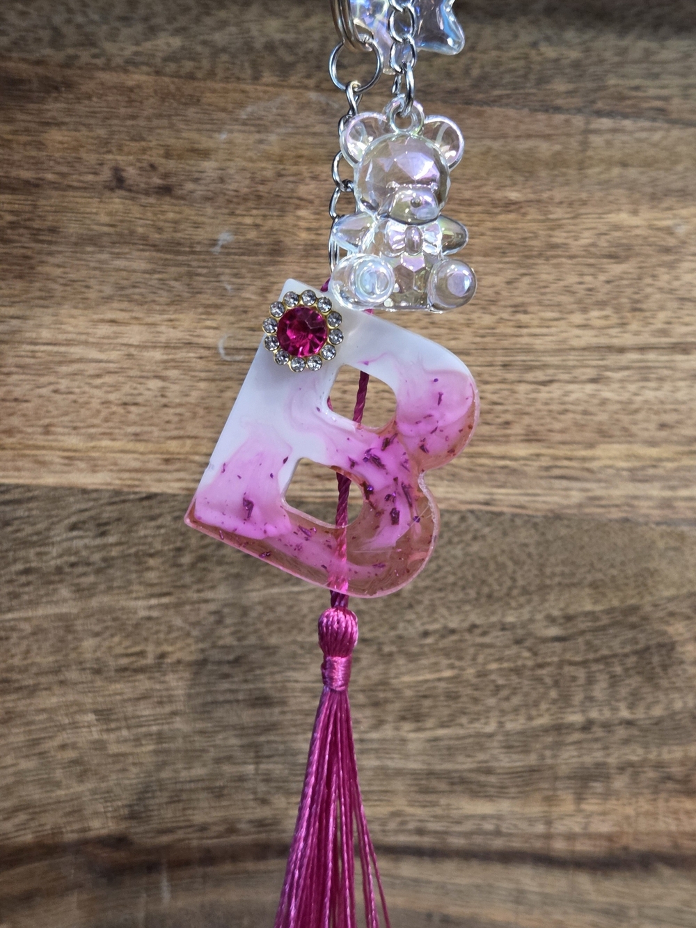 Pink Resin 'B' Tassel Keychain Charm with Crystal Bear & Star Accent!